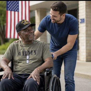 A man in a wheelchair with a younger man smiling beside him.