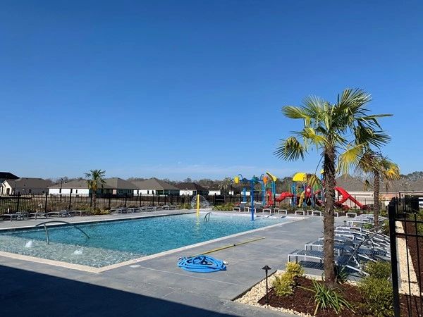 Community pool with slides and palm trees under clear sky.