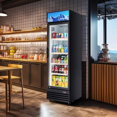 A sleek beverage cooler filled with assorted drinks in a modern cafe.