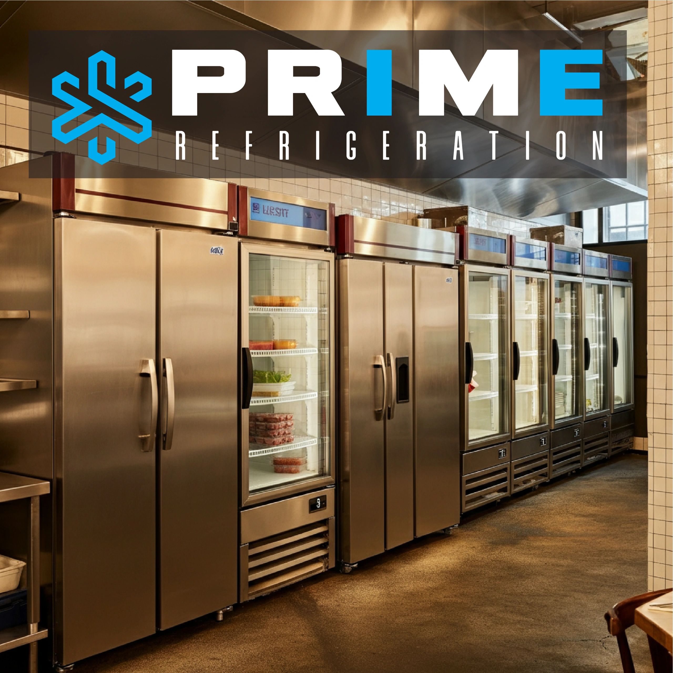 Commercial refrigeration units lined up in a professional kitchen with Prime Refrigeration logo.