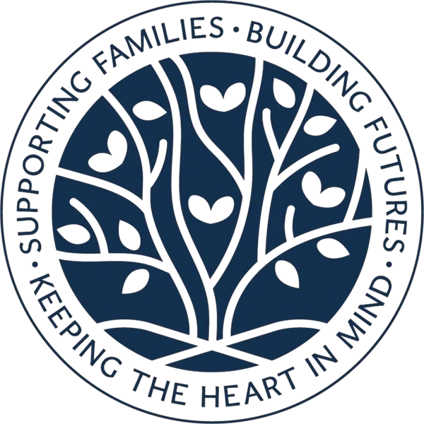 A circular logo with stylized leaves and the text about supporting families and futures.