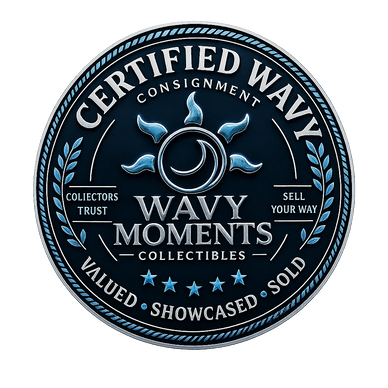 A detailed circular badge for Certified Wavy Moments Collectibles.