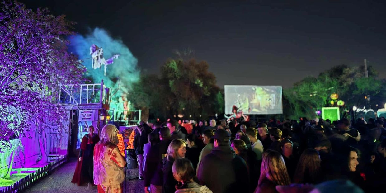 Crowd at a vibrant outdoor night event with colorful lights and decorations.