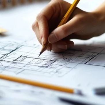 Hand drawing architectural plans with a pencil.