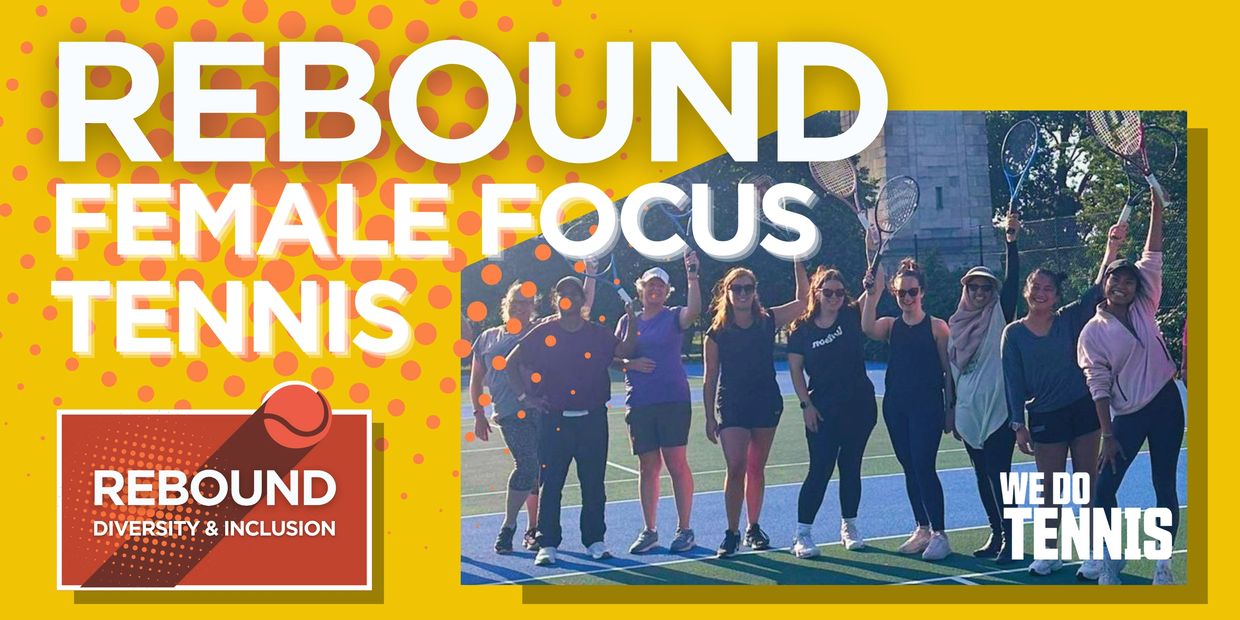 Group of women holding tennis rackets promoting female-focused tennis diversity program.