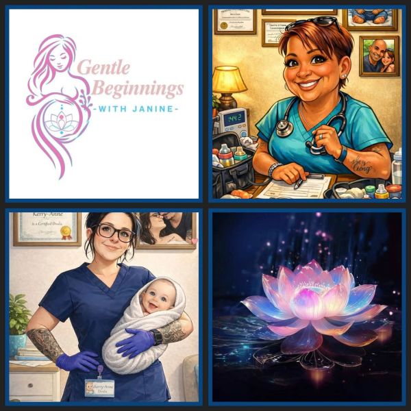 Collage featuring doula care, a glowing lotus, and the Gentle Beginnings logo. Midwife Janine and Doula Kerry