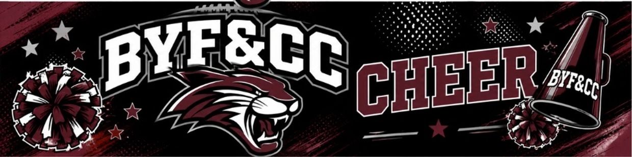 BYF&CC cheerleading banner with mascot and megaphone.
