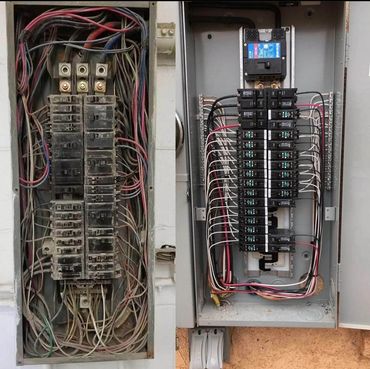 Comparison of old messy and new organized electrical panels.