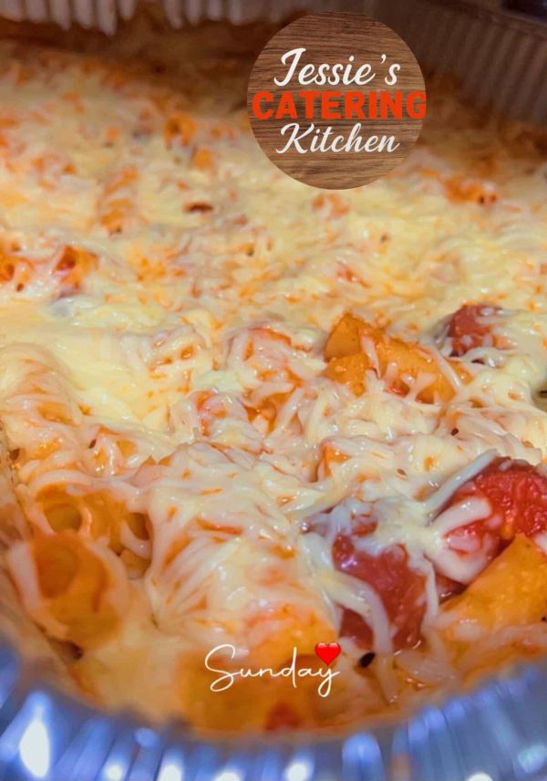 Baked cheesy pasta with tomato sauce from Jessie's Catering Kitchen.