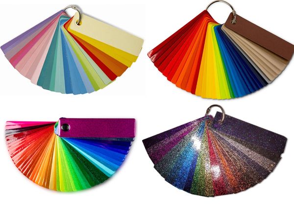Four sets of colorful paint swatches arranged in fan shapes.