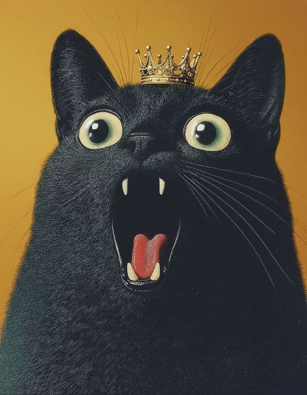 A wide-eyed black cat with a crown, mouth open in surprise.