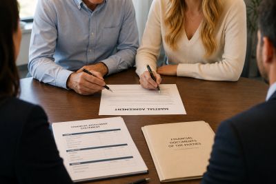 Prenuptial agreement signing and financial disclosure planning before marriage to protect assets and