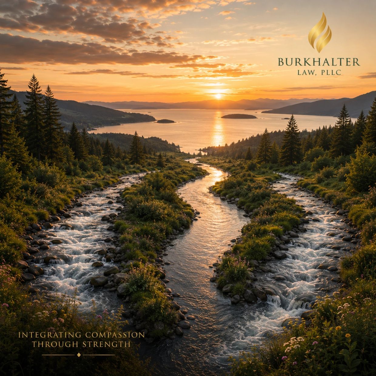Two rivers merge into Puget Sound at sunset, symbolizing agreement, resolution, and moving forward.