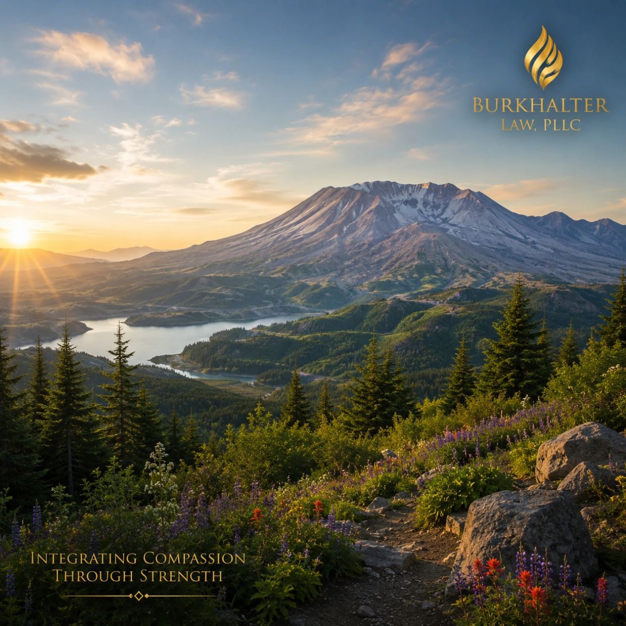 Mount St. Helens overlooks a landscape of renewed forests and wildflowers, symbolizing resilience.