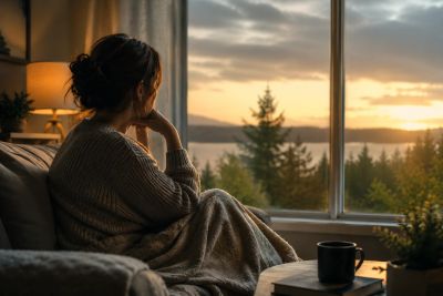 Woman looking toward a peaceful sunset, symbolizing hope, safety, and a fresh start.