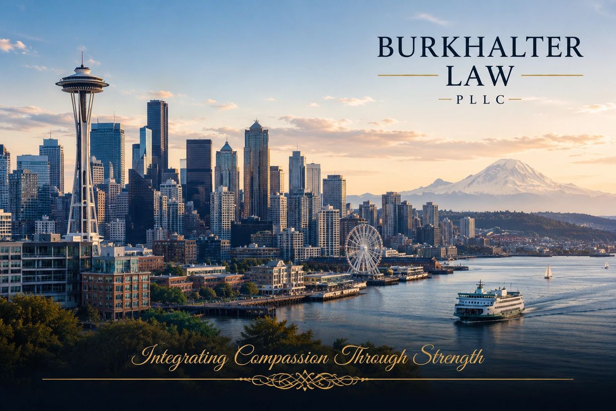 Seattle skyline featuring the Space Needle, waterfront, and Mount Rainier at golden hour, representi