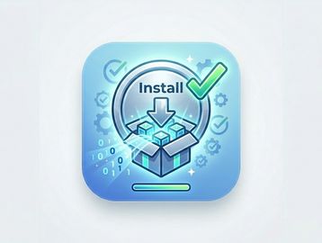 Icon showing a software install process with a checkmark.