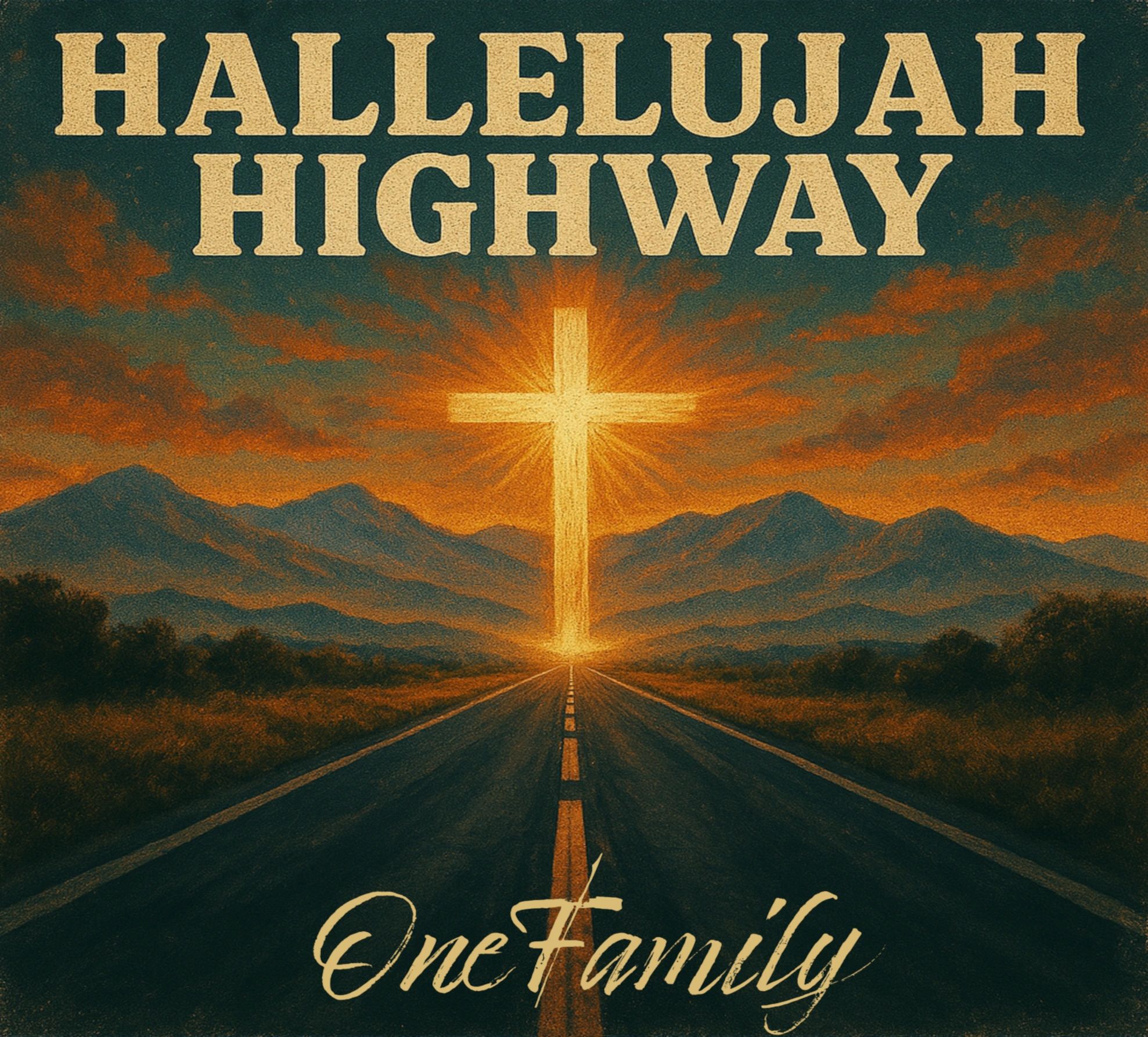 A glowing cross at sunset on a highway with the text Hallelujah Highway One Family.