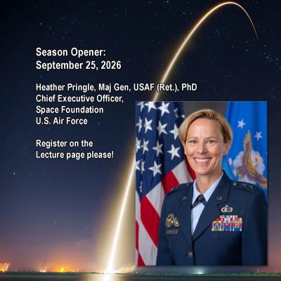 Announcement for a space-themed lecture by Heather Pringle on September 25, 2026.