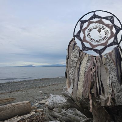 Dreamcatcher hanging on driftwood by the beach under a cloudy sky.