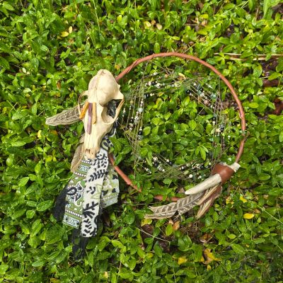 A dreamcatcher with feathers, beads, fabric, and a small animal skull on green grass.