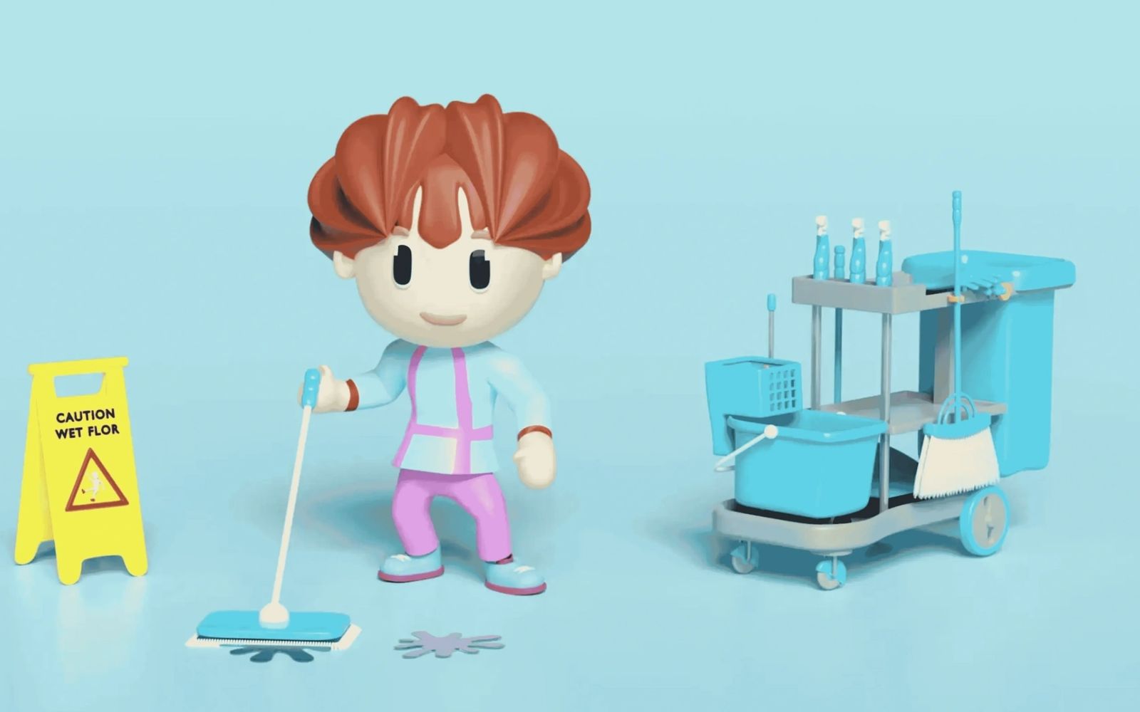 Cartoon janitor cleaning floor with mop and caution sign.