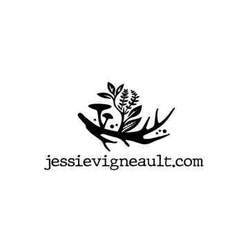 Black and white logo with antlers, mushrooms, and leaves.