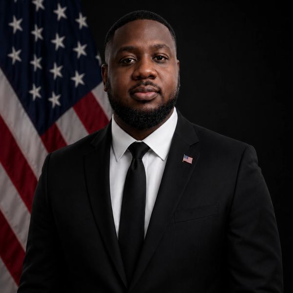 Man in a black suit with an American flag pin stands in front of a U.S. flag.