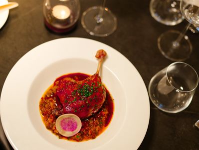 Gourmet duck leg dish with sauce and radish slice.