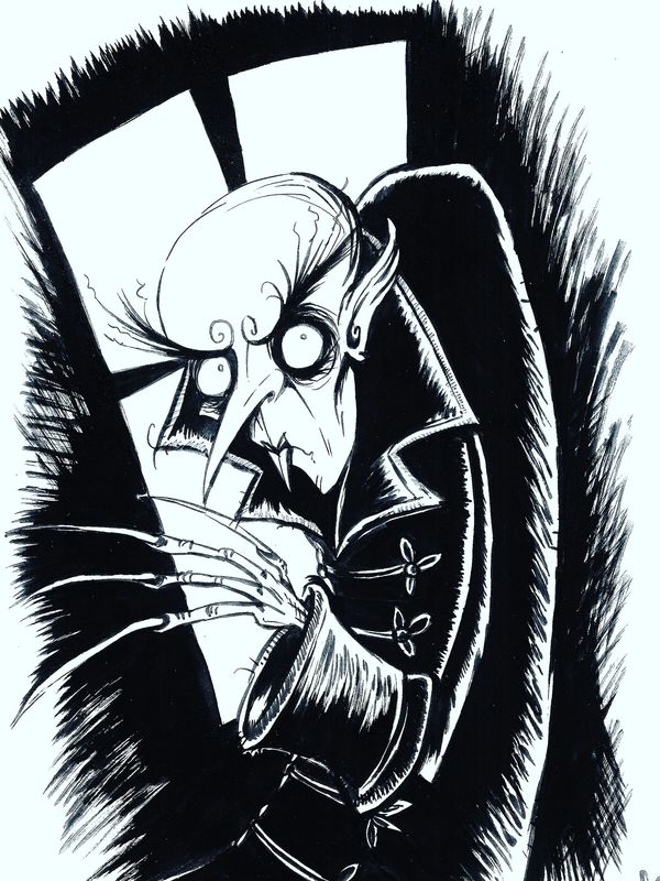 Black and white cartoon of Nosferatu
by Andy Meanock.
