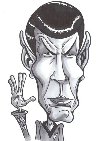Black and white Cult Caricature of Spock by Andy Meanock.