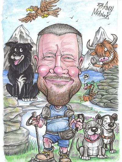 A caricature of a man and his two pets.