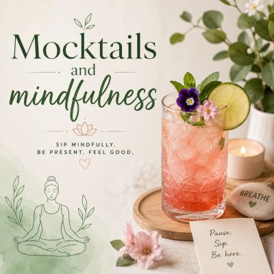 A refreshing pink mocktail with mindfulness-themed decor and messages.