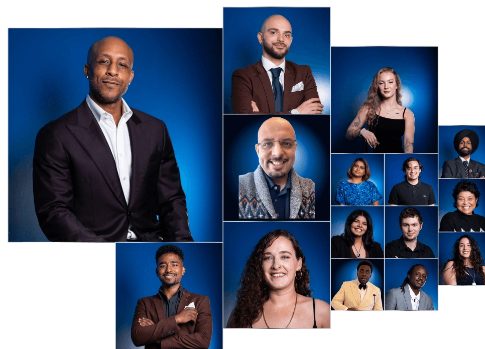 Collage of diverse professional headshots against a blue background.