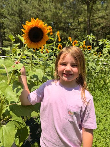 Smiling girl holding a bright sunflower in a sunny garden.