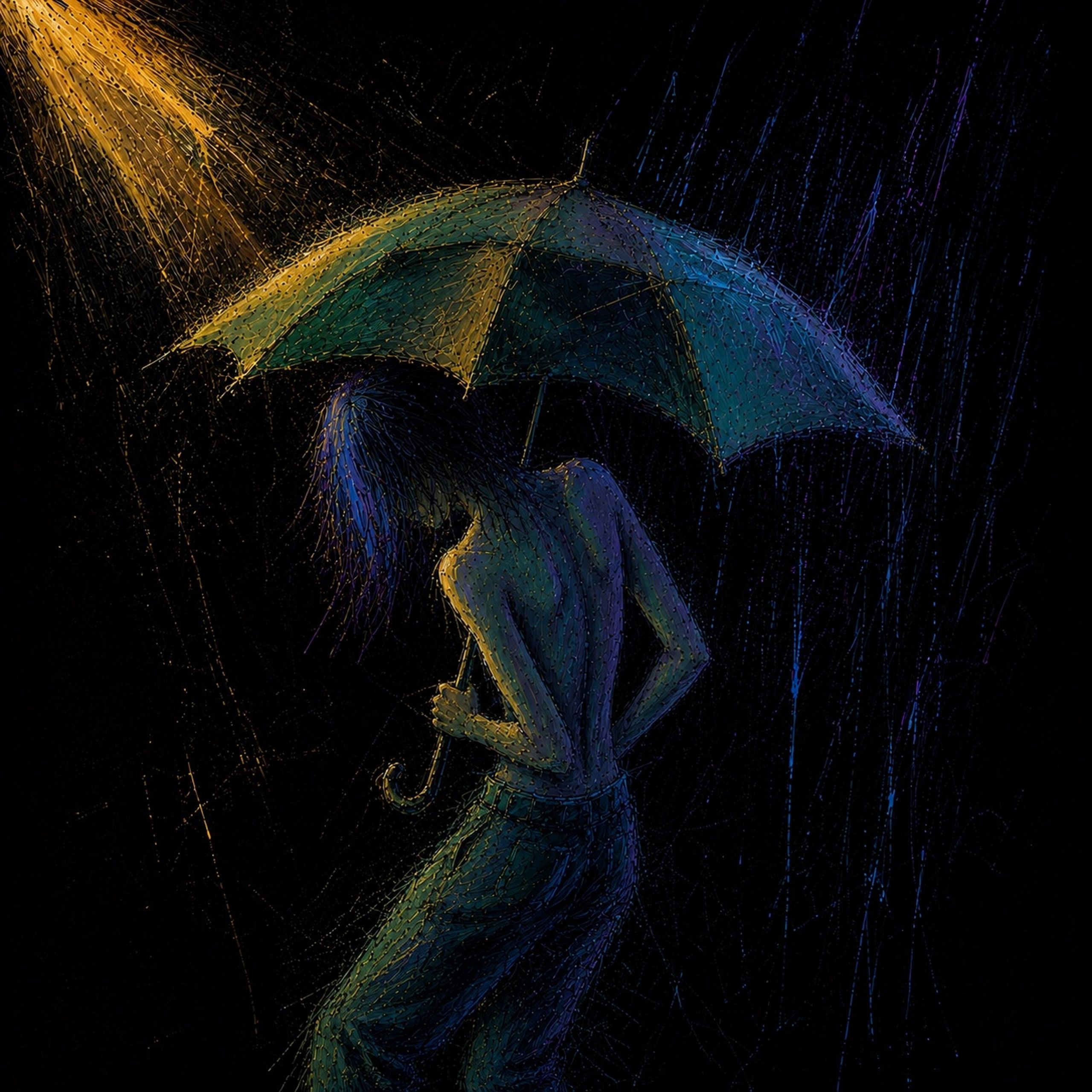 A digital artwork of a figure holding an umbrella in the rain.
