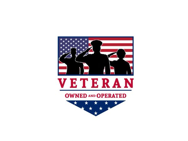 Veteran owned and operated with saluting soldiers and American flag.