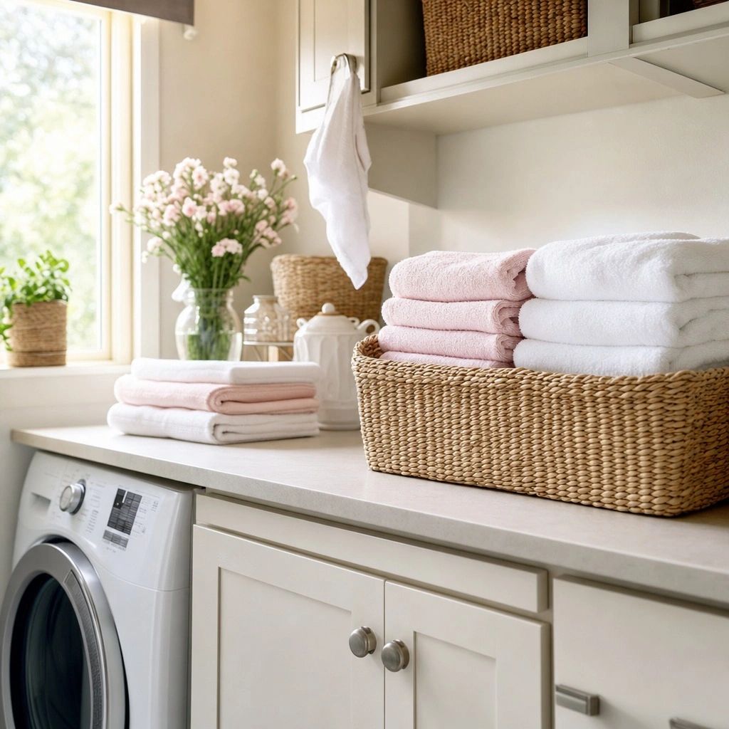 Neatly folded towels in a basket on a laundry room countertop.