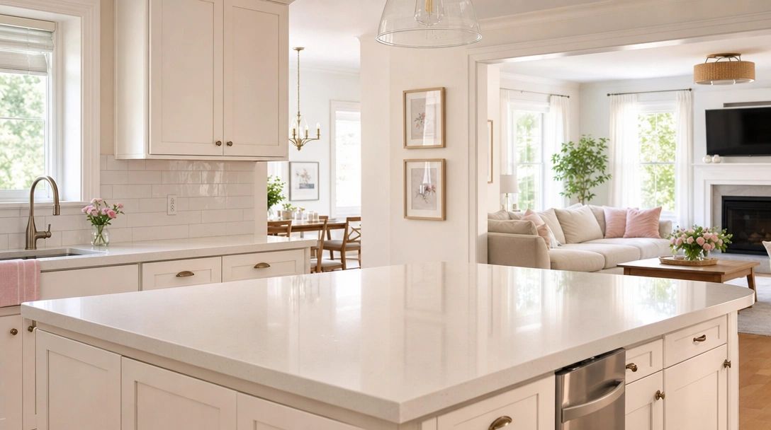 Bright modern kitchen with white countertops and adjacent living room.
