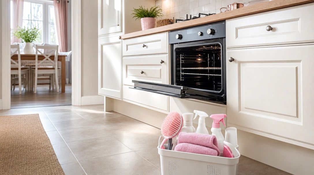 Open oven in a clean kitchen with cleaning supplies.