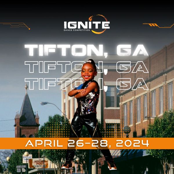 Image with a hiphop dancer cut out on a photo of Tifton, GA, announcing the event dates in April
