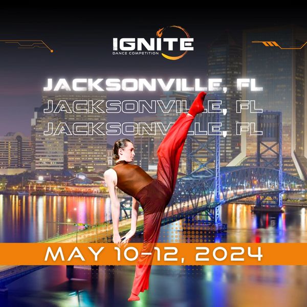 Graphic with a male dancer in a red ombre costume in front of a photo of Jacksonville, FL