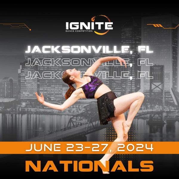 Jazz dancer in front of a Jacksonville cityscape to promote Ignite Dance Competition Nationals 2024