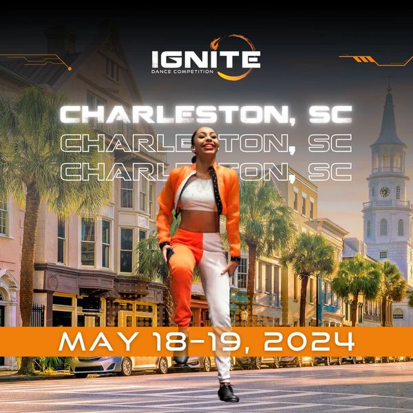 Tap dancer in orange and black posed in front of a Charleston cityscape to promote the 2024 event