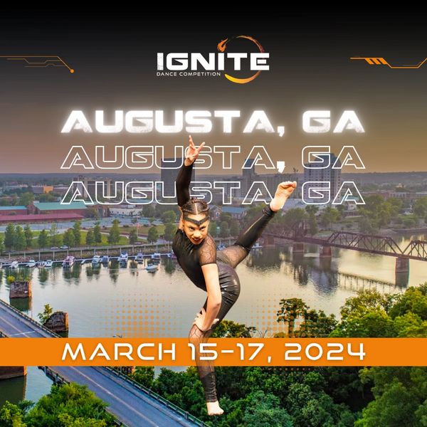 Dance Competition event graphic with a jazz dancer on an Augusta cityscape, scheduled for March 2024