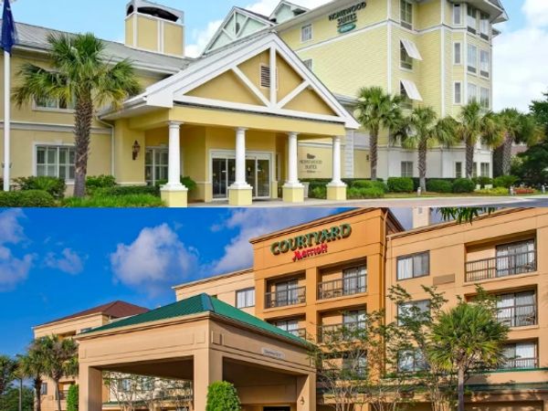 Images of the outside of two North Charleston Hotels: Homewood Suites and Courtyard Marriott