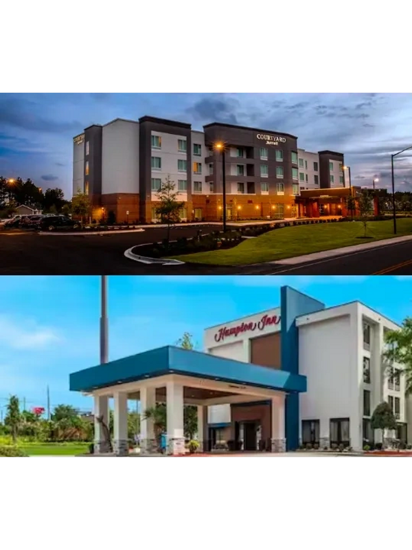 Images of the outside of 2 Columbia Hotels: The Courtyard by Marriott and The Hampton Inn
