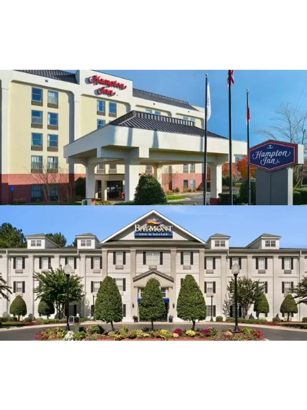 Images of the outside of 2 NC Hotels: The Hampton Inn and The Baymont Inn and Suites