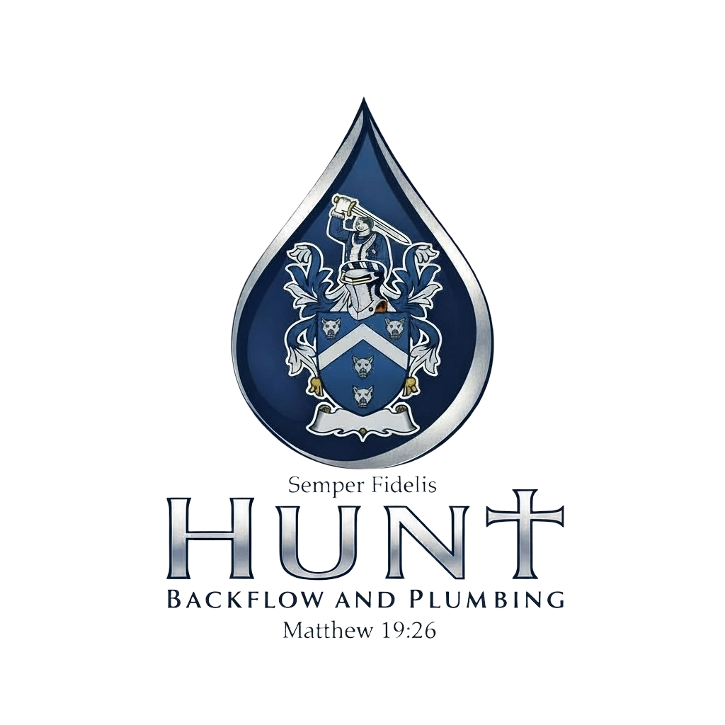 Logo of Hunt Backflow and Plumbing with a water drop and coat of arms.