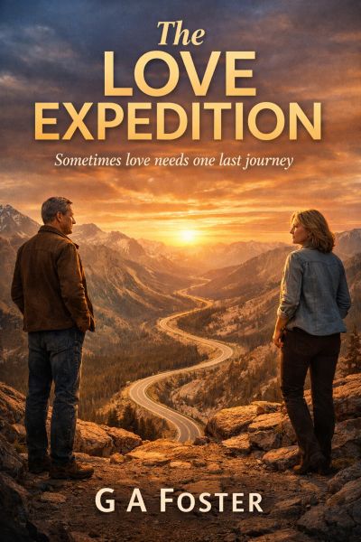 Two people overlook a winding mountain road at sunset in a romance-themed book cover.